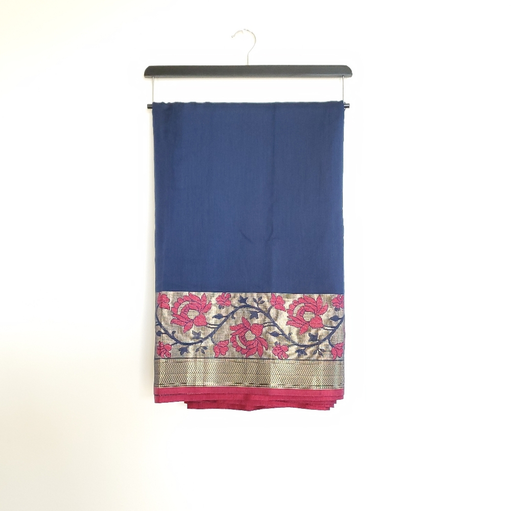 Traditional Indian Saree Blue and Pink Flowers